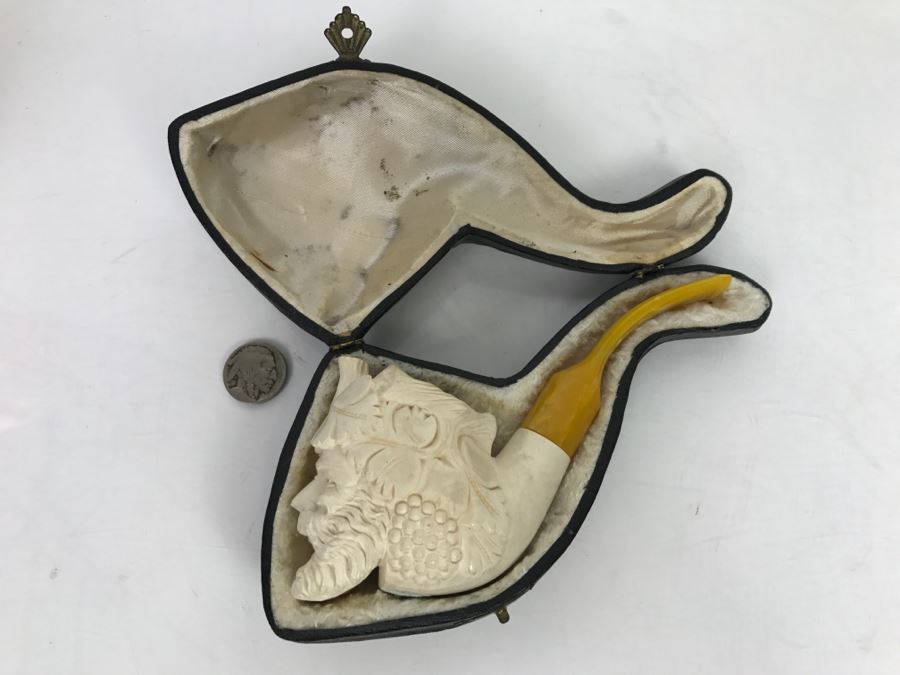 Old Hand Carved Meerschaum Pipe With Case Of Bacchus Wine God [Photo 2]