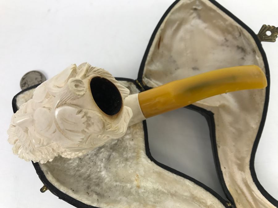 Old Hand Carved Meerschaum Pipe With Case Of Bacchus Wine God [Photo 9]