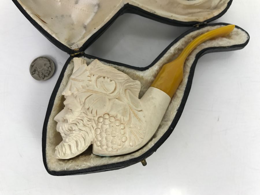 Old Hand Carved Meerschaum Pipe With Case Of Bacchus Wine God