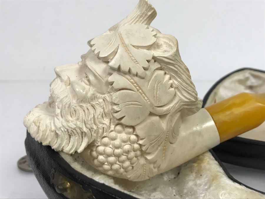 Old Hand Carved Meerschaum Pipe With Case Of Bacchus Wine God [Photo 7]