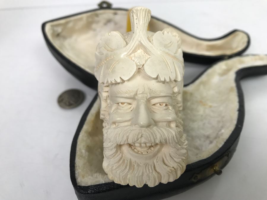 Old Hand Carved Meerschaum Pipe With Case Of Bacchus Wine God [Photo 4]