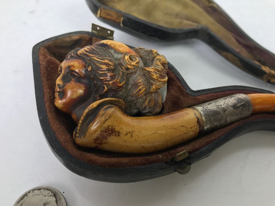 Antique Victorian Hand Carved Meerschaum, Silver And Amber Pipe With Case (Hinges Broken On Case) [Photo 4]