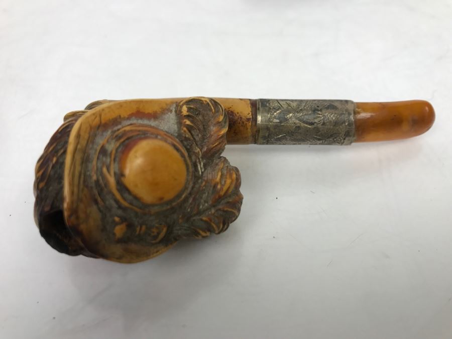Antique Victorian Hand Carved Meerschaum, Silver And Amber Pipe With Case (Hinges Broken On Case) [Photo 10]