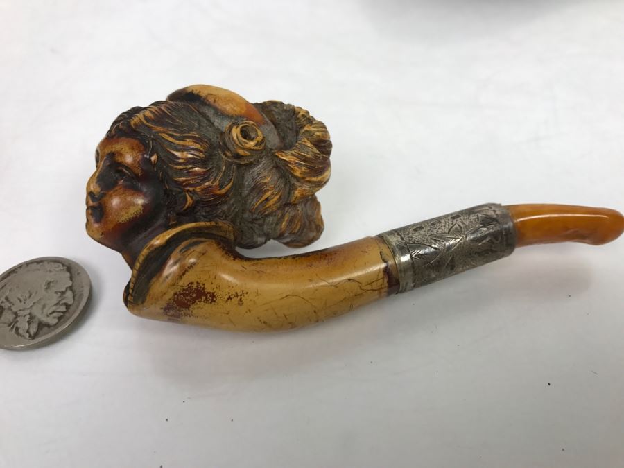 Antique Victorian Hand Carved Meerschaum, Silver And Amber Pipe With Case (Hinges Broken On Case) [Photo 7]