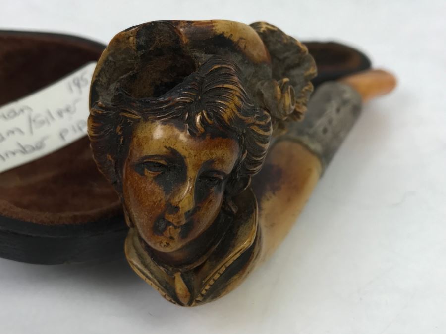 Antique Victorian Hand Carved Meerschaum, Silver And Amber Pipe With Case (Hinges Broken On Case) [Photo 16]
