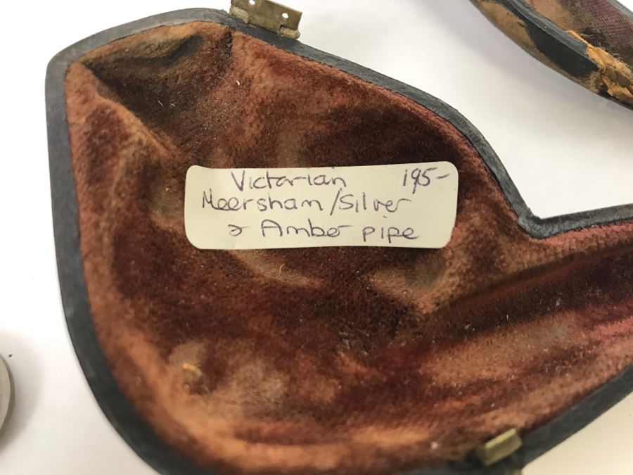 Antique Victorian Hand Carved Meerschaum, Silver And Amber Pipe With Case (Hinges Broken On Case) [Photo 6]