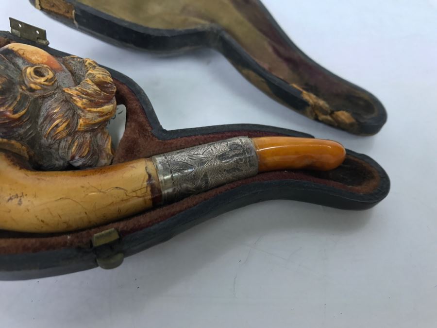 Antique Victorian Hand Carved Meerschaum, Silver And Amber Pipe With Case (Hinges Broken On Case) [Photo 5]