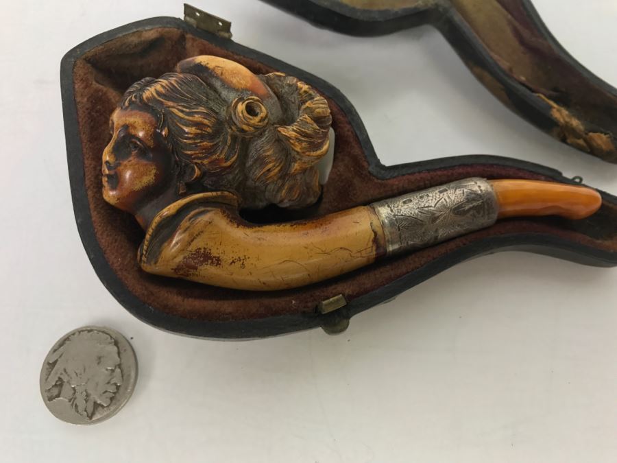 Antique Victorian Hand Carved Meerschaum, Silver And Amber Pipe With Case (Hinges Broken On Case) [Photo 3]