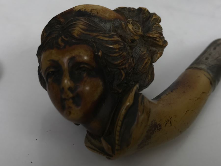 Antique Victorian Hand Carved Meerschaum, Silver And Amber Pipe With Case (Hinges Broken On Case) [Photo 9]