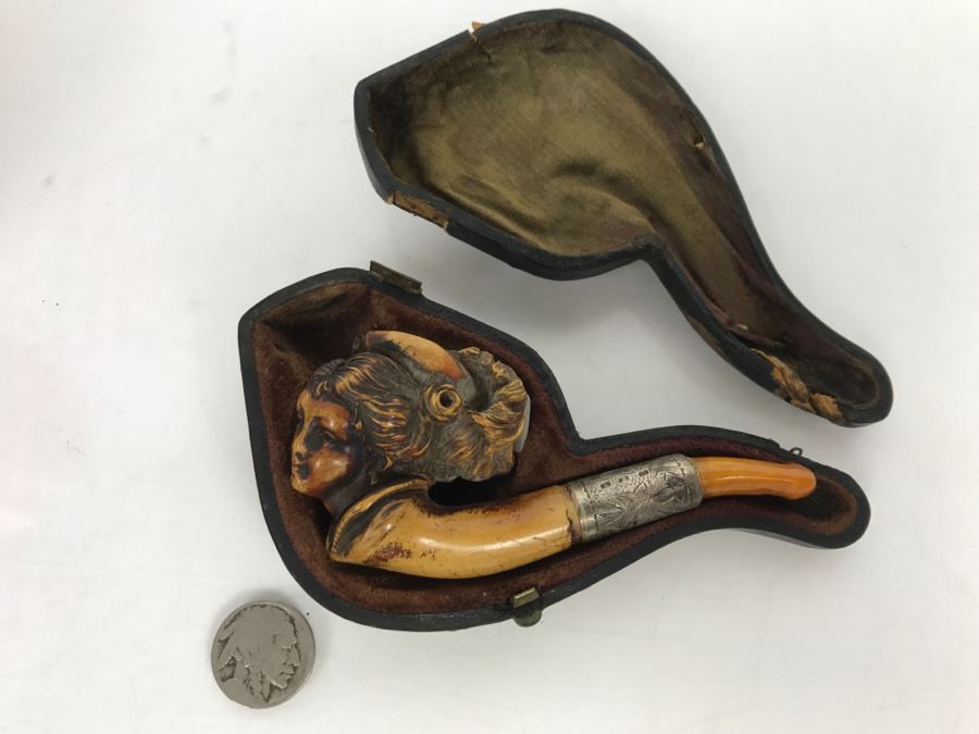 Antique Victorian Hand Carved Meerschaum, Silver And Amber Pipe With Case (Hinges Broken On Case)
