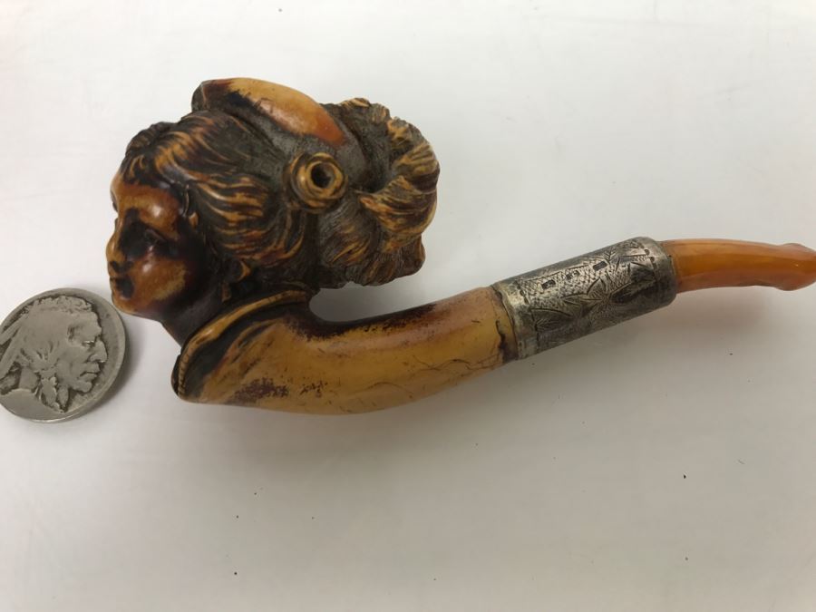 Antique Victorian Hand Carved Meerschaum, Silver And Amber Pipe With Case (Hinges Broken On Case) [Photo 8]