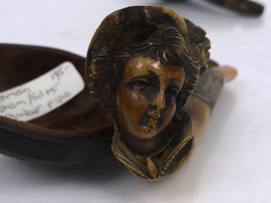 Antique Victorian Hand Carved Meerschaum, Silver And Amber Pipe With Case (Hinges Broken On Case) [Photo 14]