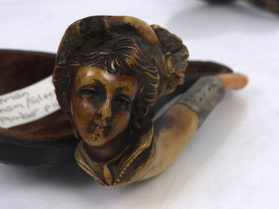 Antique Victorian Hand Carved Meerschaum, Silver And Amber Pipe With Case (Hinges Broken On Case) [Photo 15]