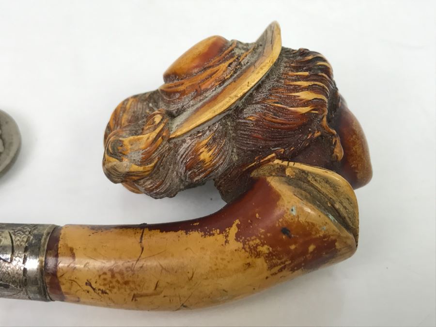 Antique Victorian Hand Carved Meerschaum, Silver And Amber Pipe With Case (Hinges Broken On Case) [Photo 13]