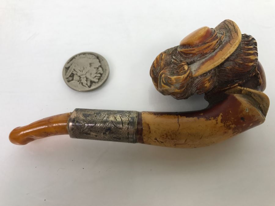 Antique Victorian Hand Carved Meerschaum, Silver And Amber Pipe With Case (Hinges Broken On Case) [Photo 11]