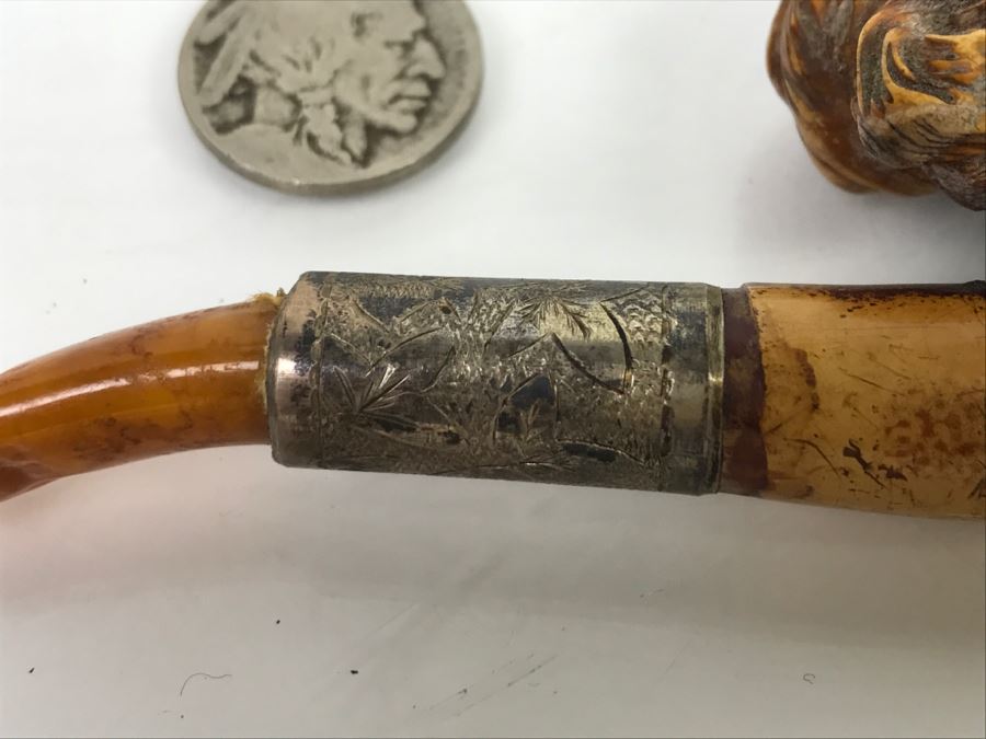 Antique Victorian Hand Carved Meerschaum, Silver And Amber Pipe With Case (Hinges Broken On Case) [Photo 12]