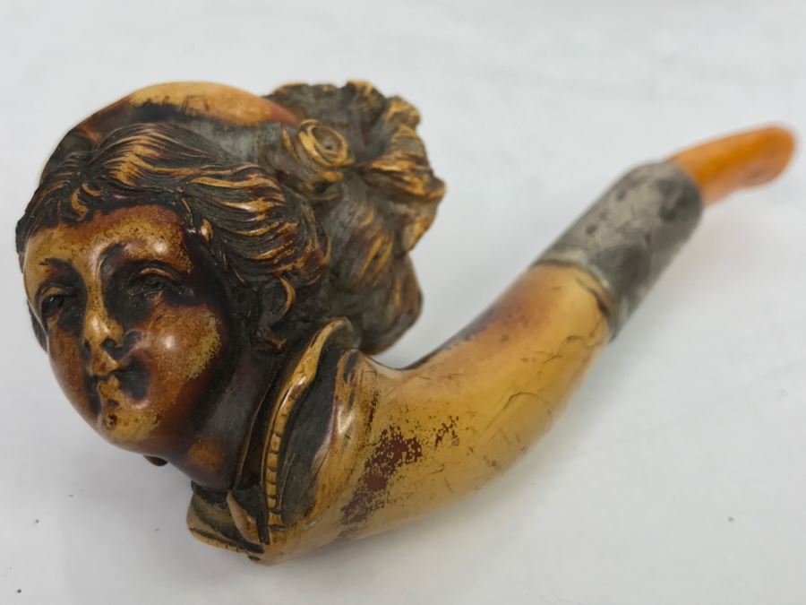 Antique Victorian Hand Carved Meerschaum, Silver And Amber Pipe With Case (Hinges Broken On Case) [Photo 2]