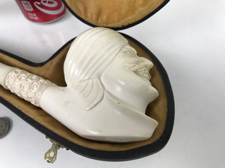 LARGE Hand Carved Meerschaum Pipe With Case Carving Of Man's Face [Photo 4]