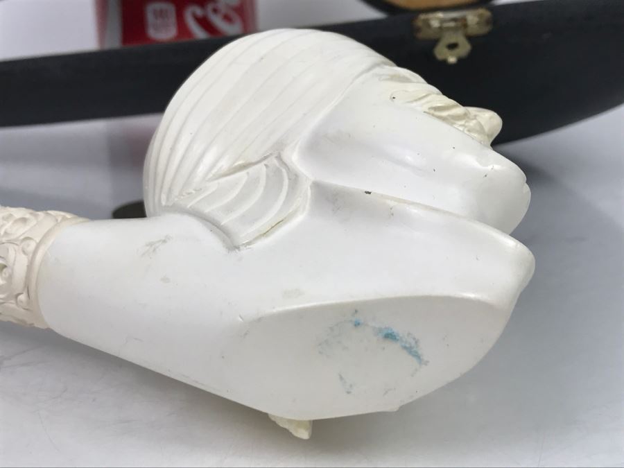 LARGE Hand Carved Meerschaum Pipe With Case Carving Of Man's Face [Photo 15]