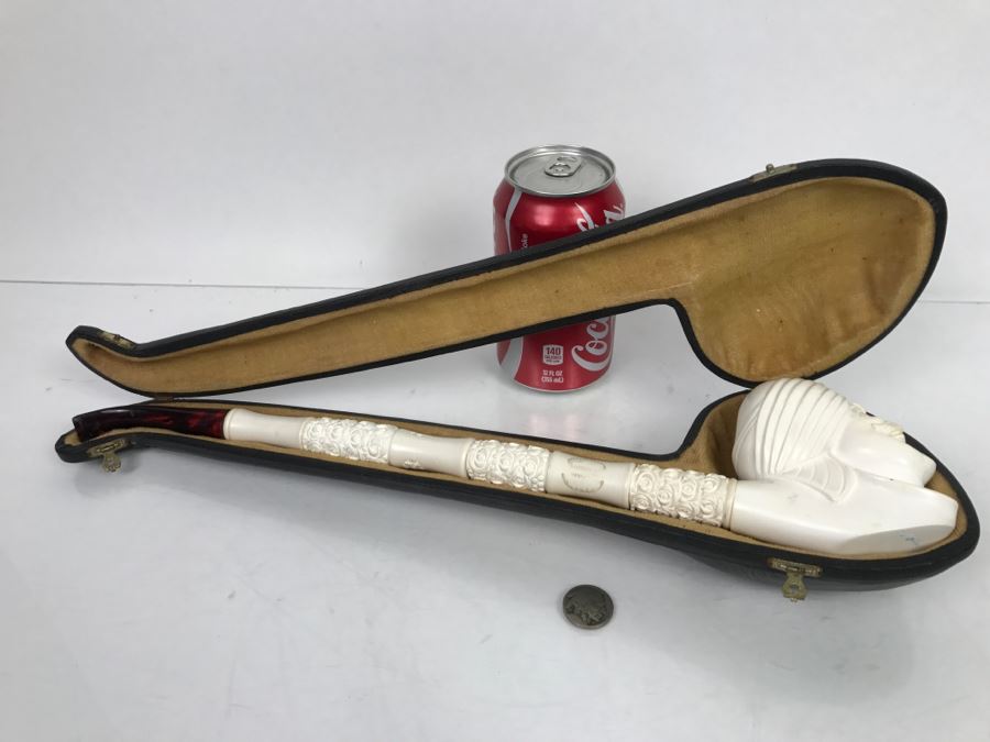 LARGE Hand Carved Meerschaum Pipe With Case Carving Of Man's Face [Photo 2]