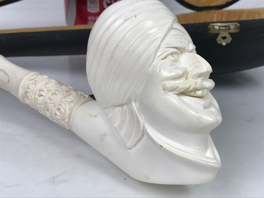 LARGE Hand Carved Meerschaum Pipe With Case Carving Of Man's Face [Photo 10]