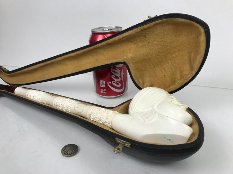 LARGE Hand Carved Meerschaum Pipe With Case Carving Of Man's Face [Photo 3]