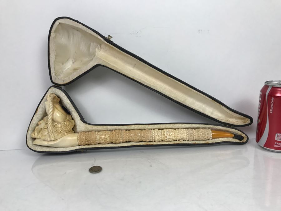 LARGE Old Hand Carved Meerschaum Pipe With Case Carving Of Man's Face [Photo 2]