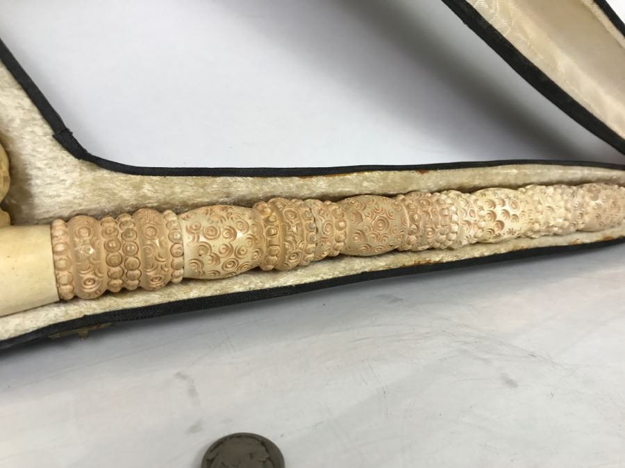 LARGE Old Hand Carved Meerschaum Pipe With Case Carving Of Man's Face [Photo 4]