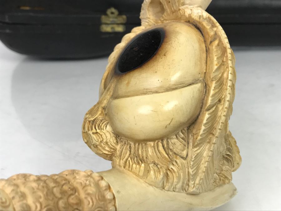 LARGE Old Hand Carved Meerschaum Pipe With Case Carving Of Man's Face [Photo 11]