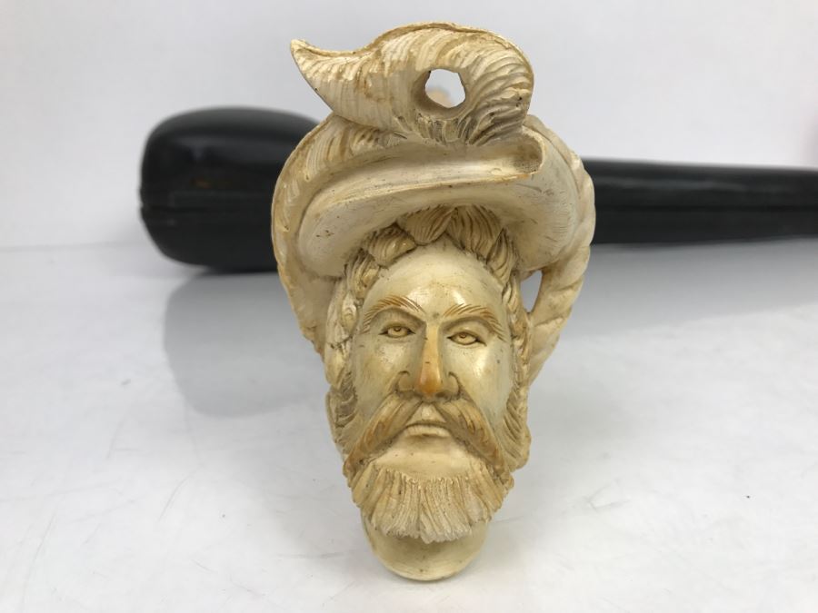 LARGE Old Hand Carved Meerschaum Pipe With Case Carving Of Man's Face