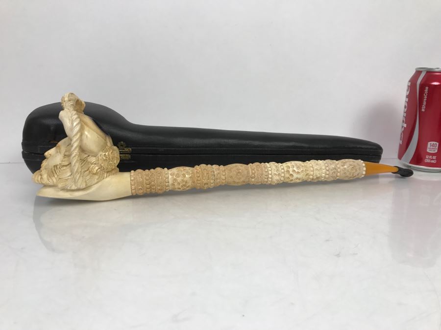 LARGE Old Hand Carved Meerschaum Pipe With Case Carving Of Man's Face [Photo 18]