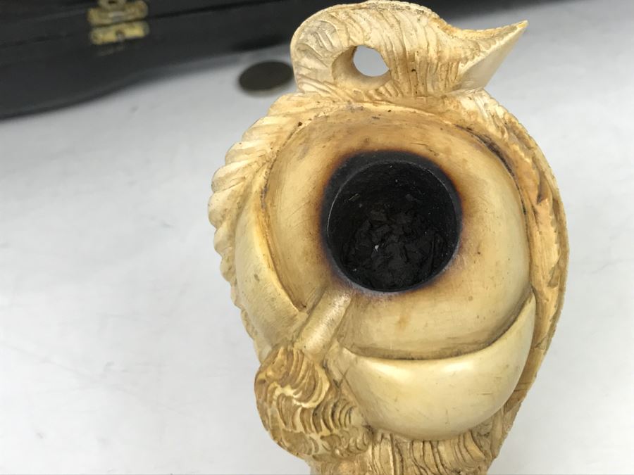 LARGE Old Hand Carved Meerschaum Pipe With Case Carving Of Man's Face [Photo 10]