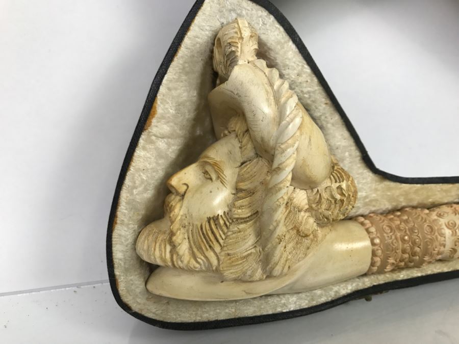 LARGE Old Hand Carved Meerschaum Pipe With Case Carving Of Man's Face [Photo 3]
