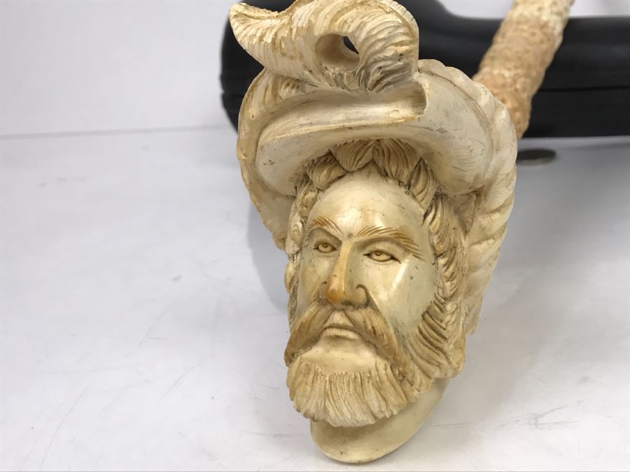 LARGE Old Hand Carved Meerschaum Pipe With Case Carving Of Man's Face