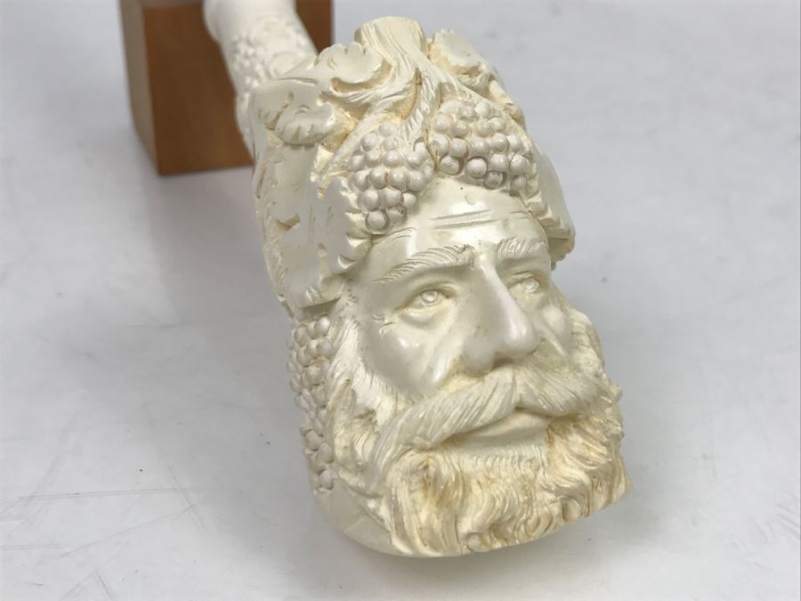 LARGE Hand Carved Meerschaum Pipe With Case Of Wine God Bacchus [Photo 8]