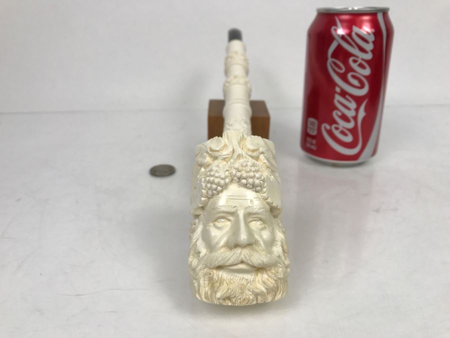 LARGE Hand Carved Meerschaum Pipe With Case Of Wine God Bacchus [Photo 3]