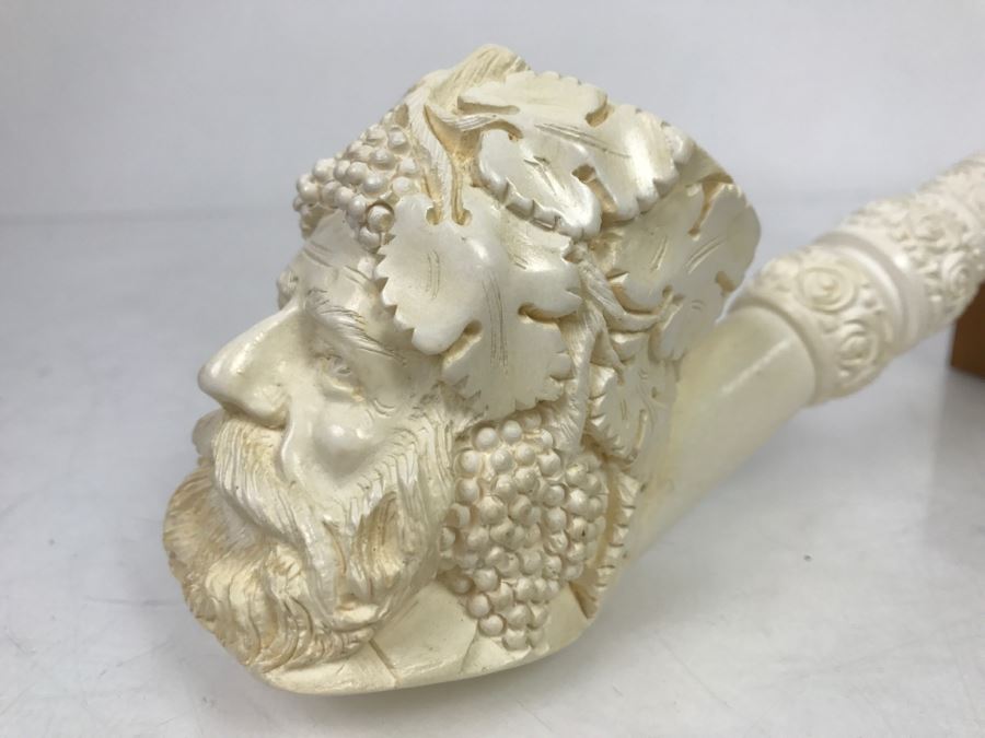 LARGE Hand Carved Meerschaum Pipe With Case Of Wine God Bacchus [Photo 11]