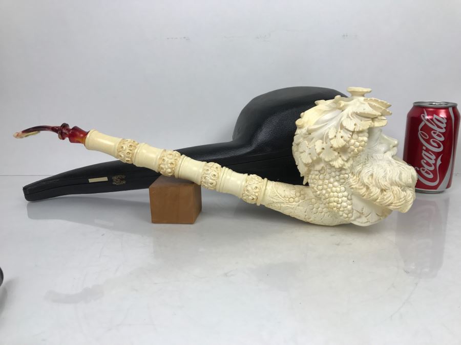 MEGA LARGE Hand Carved Meerschaum Pipe With Case Of Wine God Bacchus Retailed From $1,200 [Photo 1]