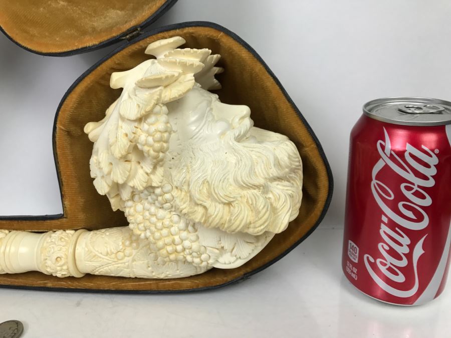 MEGA LARGE Hand Carved Meerschaum Pipe With Case Of Wine God Bacchus Retailed From $1,200 [Photo 5]
