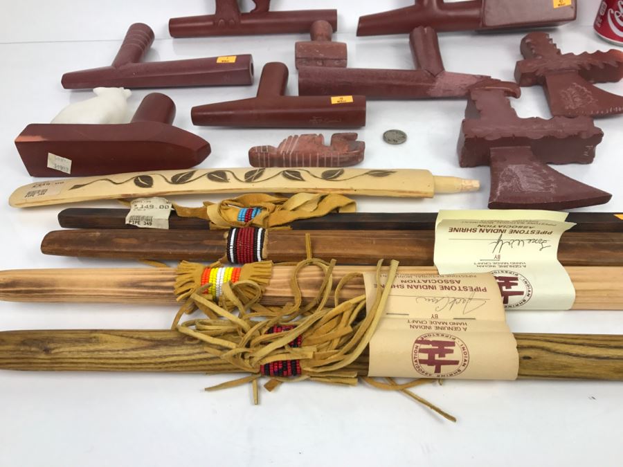 HUGE Collection Of Native American Peace Pipes Pipestone Catlinite Ceremonial Smoking Pipes Bear Buffalo Wolf Tomahawk (See All Photos For Details) Lot Retails For $2,000+ [Photo 5]
