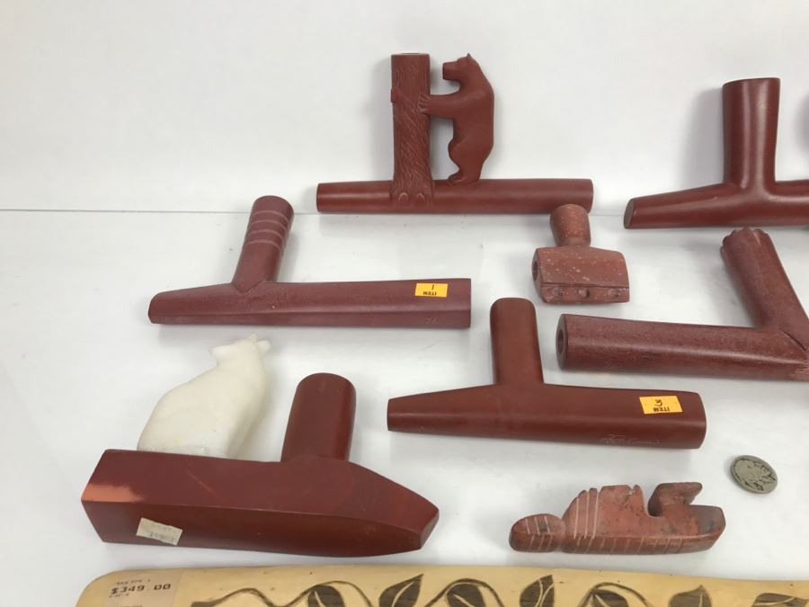 HUGE Collection Of Native American Peace Pipes Pipestone Catlinite Ceremonial Smoking Pipes Bear Buffalo Wolf Tomahawk (See All Photos For Details) Lot Retails For $2,000+ [Photo 6]