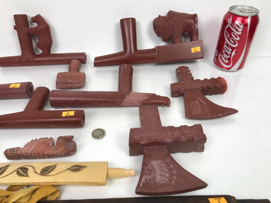 HUGE Collection Of Native American Peace Pipes Pipestone Catlinite Ceremonial Smoking Pipes Bear Buffalo Wolf Tomahawk (See All Photos For Details) Lot Retails For $2,000+ [Photo 7]