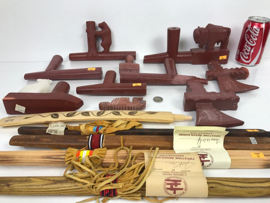 HUGE Collection Of Native American Peace Pipes Pipestone Catlinite Ceremonial Smoking Pipes Bear Buffalo Wolf Tomahawk (See All Photos For Details) Lot Retails For $2,000+ [Photo 3]