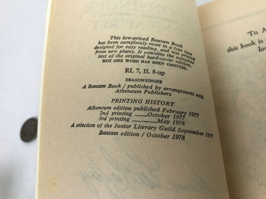(3) Signed Anne McCaffrey Paperback Books: Dragondrums, Dragonsong And Dragonsinger [Photo 19]