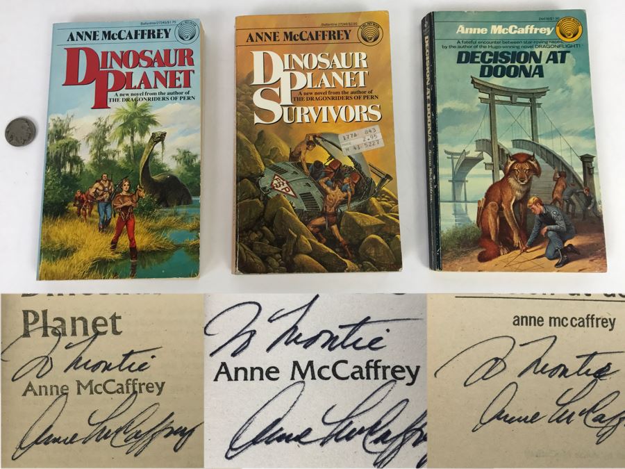(3) Signed Anne McCaffrey Paperback Books: Dinosaur Planet, Dinosaur Planet Survivors And Decision At Doona
