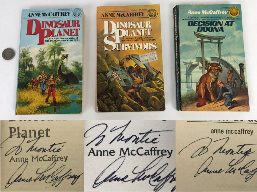 (3) Signed Anne McCaffrey Paperback Books: Dinosaur Planet, Dinosaur Planet Survivors And Decision At Doona [Photo 2]