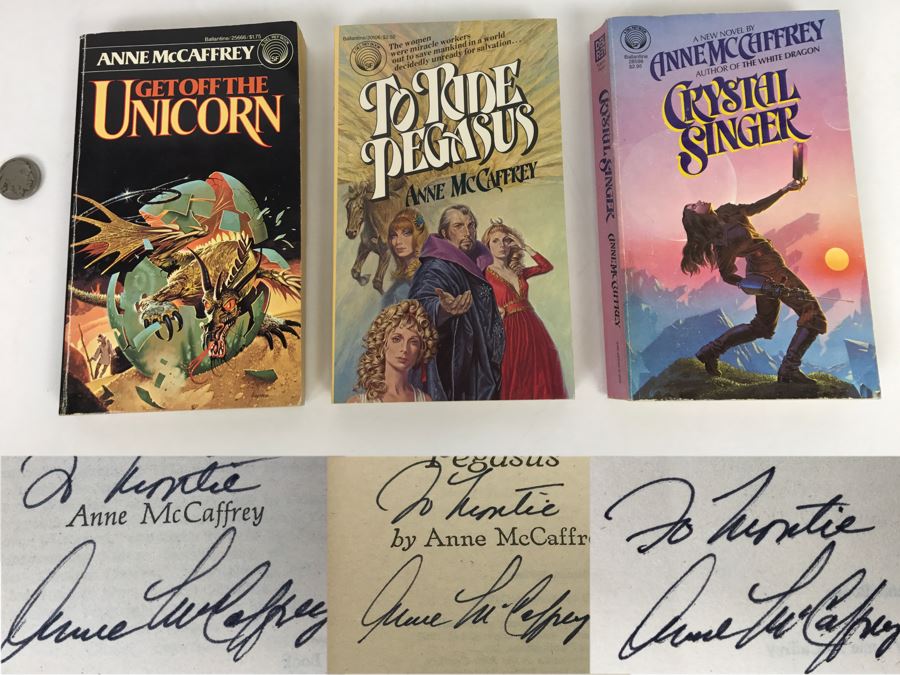 (3) Signed Anne McCaffrey Paperback Books: Get Off The Unicorn, To Ride Pegasus And Crystal Singer