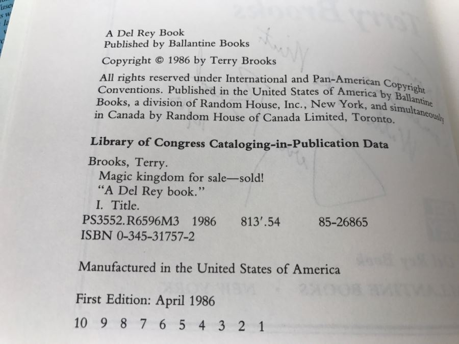 Signed First Edition Hardcover Book 'Magic Kingdom For Sale - Sold!' By Terry Brooks [Photo 9]