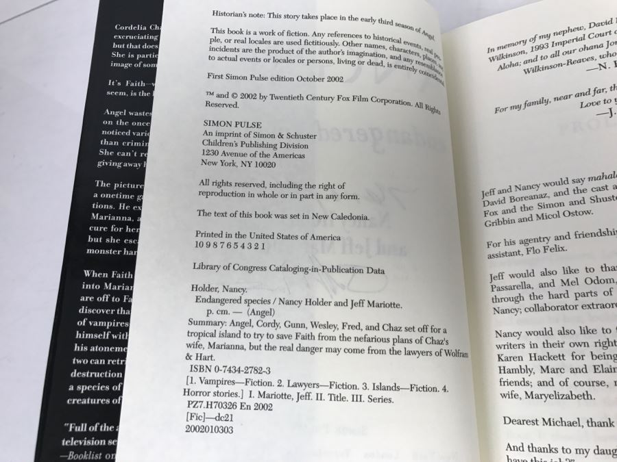 Signed Hardcover Book 'Angel Endangered Species' By Nancy Holder (Signed) And Jeff Mariotte (Signed) [Photo 8]