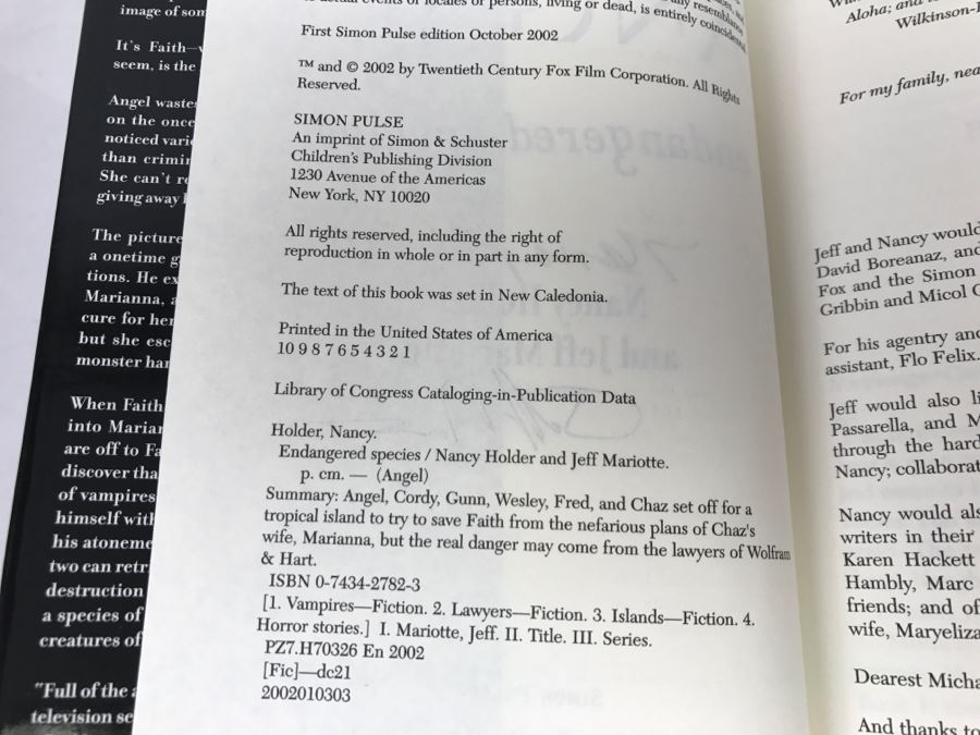 Signed Hardcover Book 'Angel Endangered Species' By Nancy Holder (Signed) And Jeff Mariotte (Signed) [Photo 9]